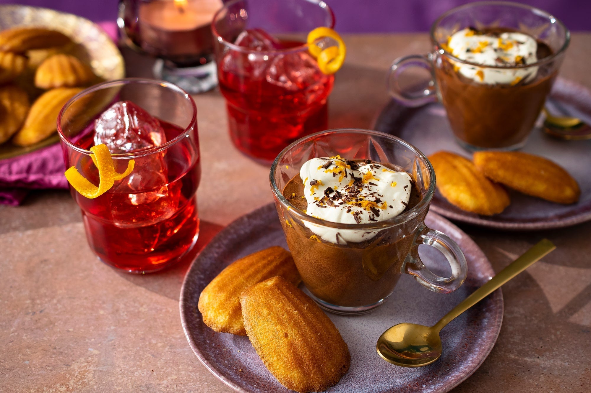 Negroni, chocolate mouse with orange madeleines