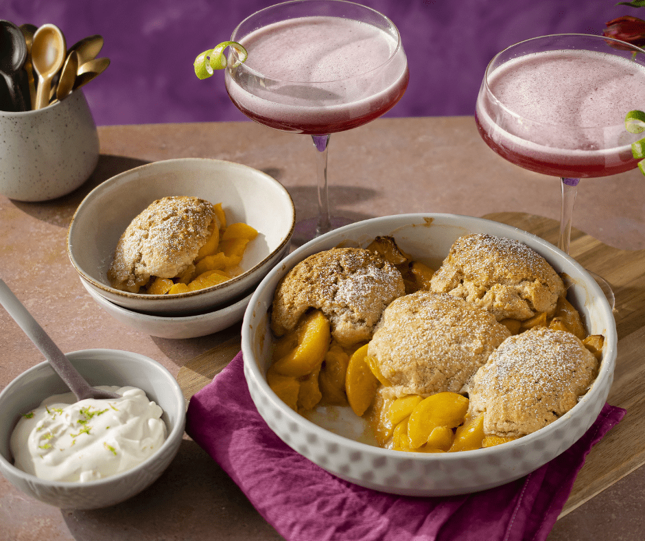 Peach cobbler with gin and lime cream